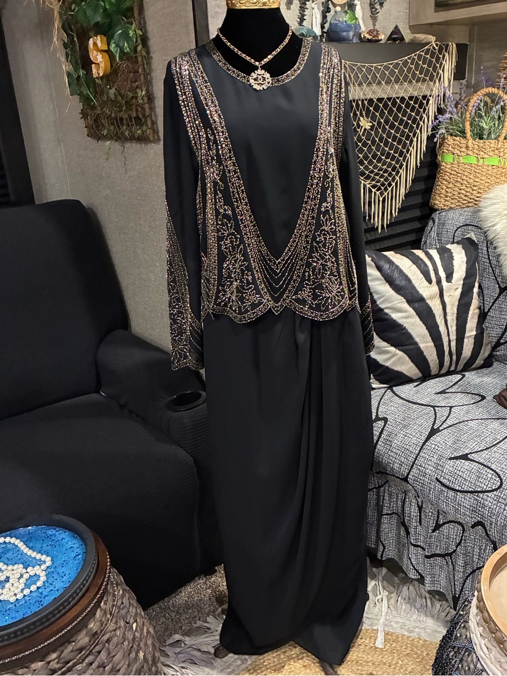 Vintage 90’s Black Gold Beaded Embellished Evening Gown